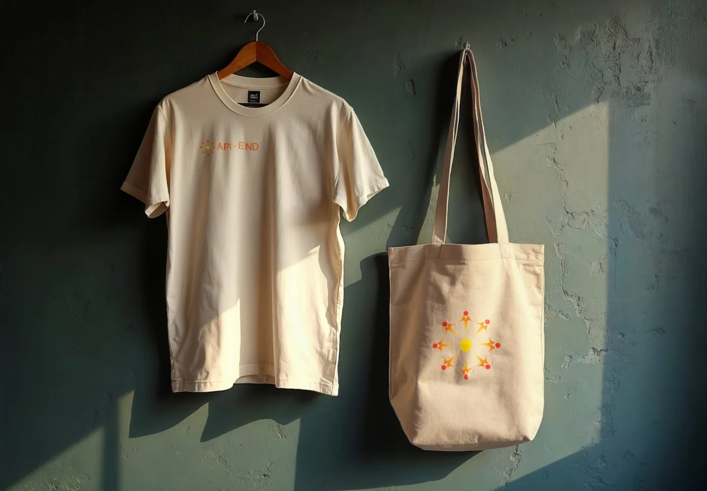 Le nouveau logo d'API-END décliné sur un t-shirt et un tote bag