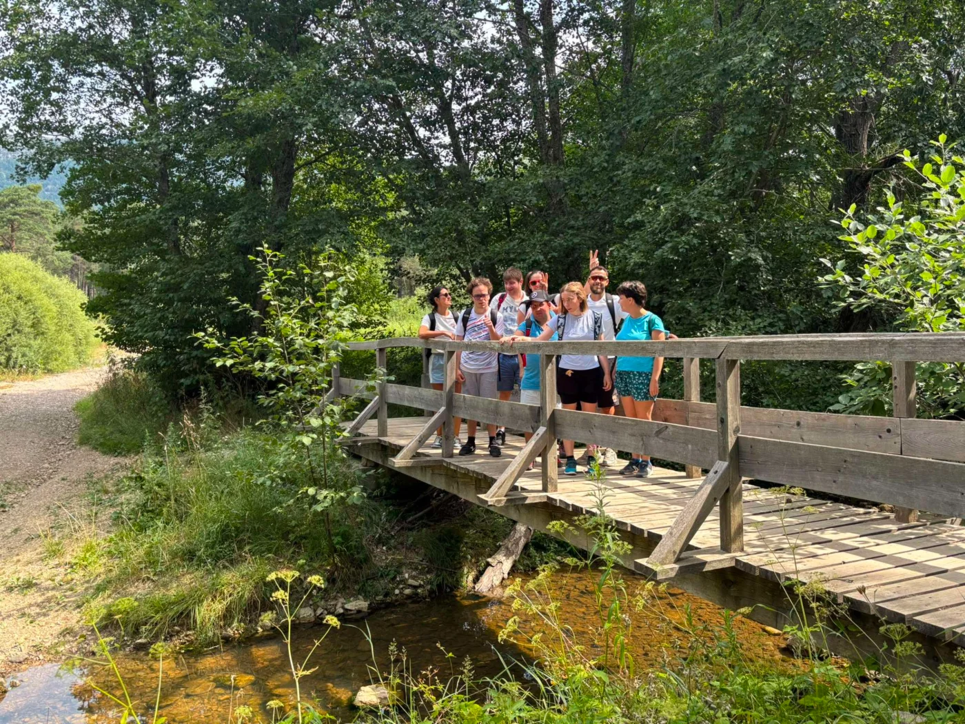 Le groupe sur la passerelle en bois de la Réserve du Mont d'Azur